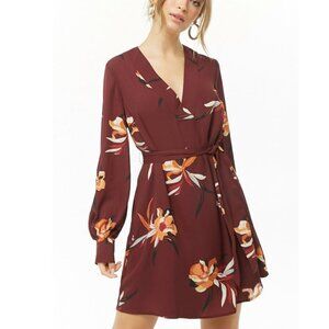 Forever 21 Floral Woven Dress V-Neck Long Sleeve Red Burgundy Medium